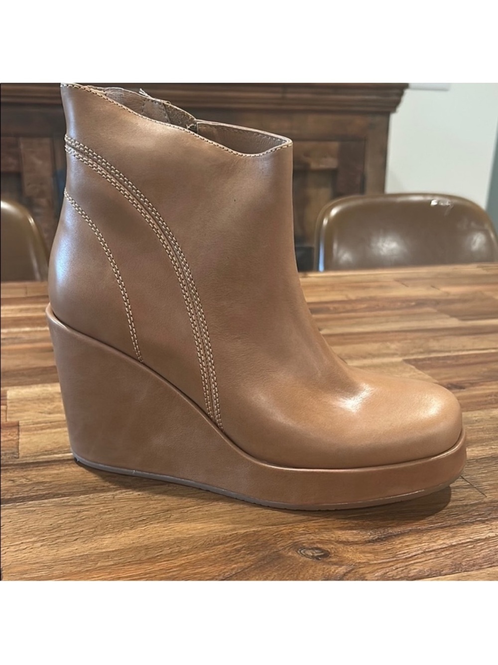 Chocolat Blu Brown Leather Wedge Ankle Boots Womens Size 8 Tan Platform Booties